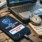 Cracked smartphone displays an 'EU Age Verification App' with a 'Bypass successful' message, beside a stopwatch and a notebook about a PIN reset exploit on a desk.