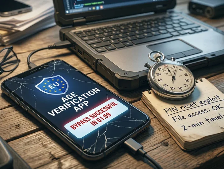 Cracked smartphone displays an 'EU Age Verification App' with a 'Bypass successful' message, beside a stopwatch and a notebook about a PIN reset exploit on a desk.