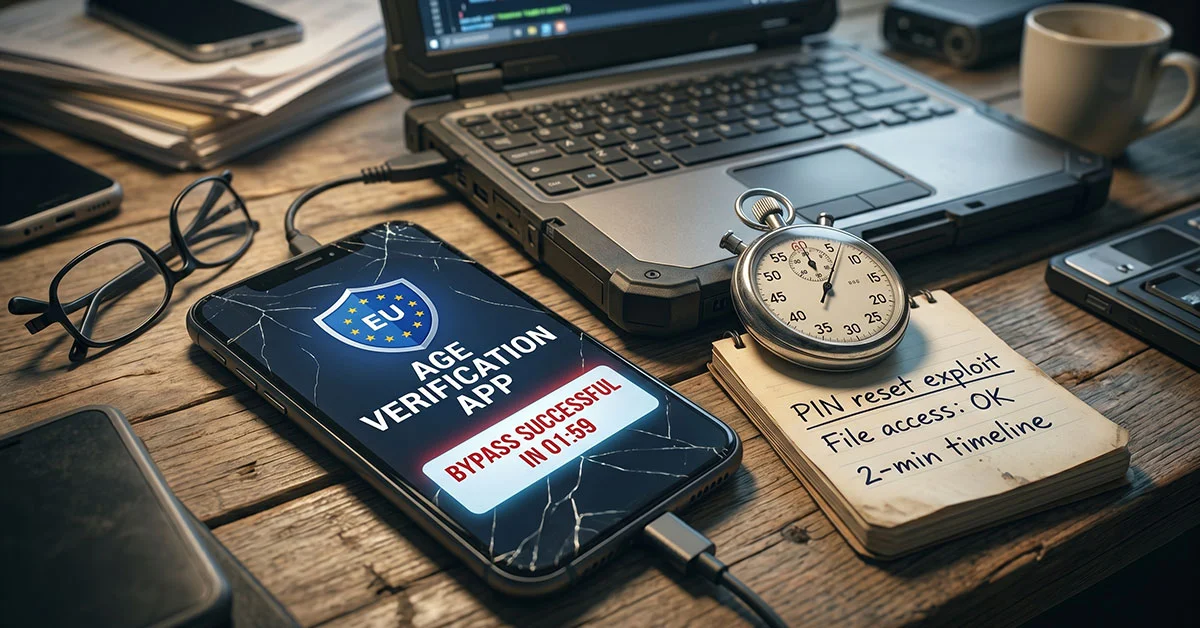Cracked smartphone displays an 'EU Age Verification App' with a 'Bypass successful' message, beside a stopwatch and a notebook about a PIN reset exploit on a desk.